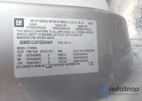 2007 Chevrolet Avalanche 1500 Lt z USA, uszkodzony, nr VIN 3GNEC12JX7G294447